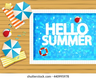 Top view of swimming pool and wooden board with parasols and other beach things. Detailed Vector illustration.

