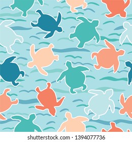 Top view of swimming sea turtles pattern. Seamless vector sealife background. Hand drawn endangered ocean nature all over print. For beach wear, marine animal conservation textiles, world turtle day.