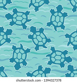 Top view of swimming sea turtles pattern. Seamless vector sealife background. Hand drawn endangered ocean nature all over print. For beach wear, marine animal conservation textiles, world turtle day.