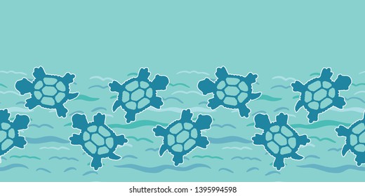 Top view of swimming sea turtles border pattern. Seamless vector sealife ribbon trim. Hand drawn endangered ocean. For beach wear, marine animal conservation textiles, world turtle day. Ribbon edging