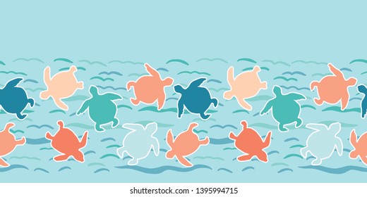 Top view of swimming sea turtles border pattern. Seamless vector sealife ribbon trim. Hand drawn endangered ocean. For beach wear, marine animal conservation textiles, world turtle day. Ribbon edging