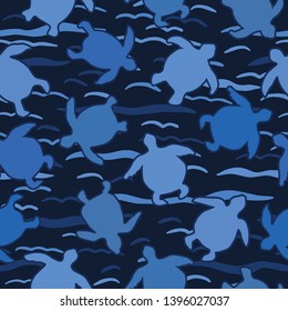 Top view of swimming sea turtles pattern. Seamless vector sealife background. Hand drawn endangered ocean nature all over print. For beach wear, marine animal conservation textiles, world turtle day.