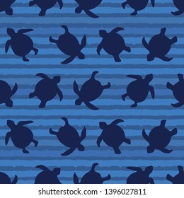 Top view of swimming sea turtles pattern. Seamless vector sealife background. Hand drawn endangered ocean nature all over print. Beach wear stripes, marine animal  summer textiles, world turtle day.