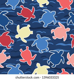 Top view of swimming sea turtles pattern. Seamless vector sealife background. Hand drawn endangered ocean nature all over print. Beach wear stripes, marine animal  summer textiles, world turtle day.