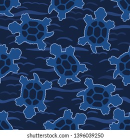 Top view of swimming sea turtles pattern. Seamless vector sealife background. Hand drawn endangered ocean nature all over print. For beach wear, marine animal conservation textiles, world turtle day.