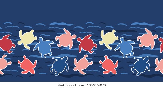 Top view of swimming sea turtles border pattern. Seamless vector sealife ribbon trim. Hand drawn endangered ocean. For beach wear, marine animal conservation textiles, world turtle day. Ribbon edging
