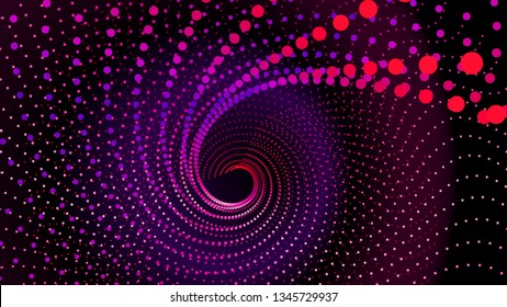 Top view swirl from dots in perspective depth. Array structure of 3d sea. Vector technology background. Colorful infinity space funnel for print or web design.