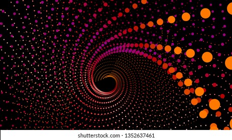 Top view swirl from dots in perspective depth. Array structure of 3d sea. Vector technology background. Colorful infinity space funnel for print or web design.