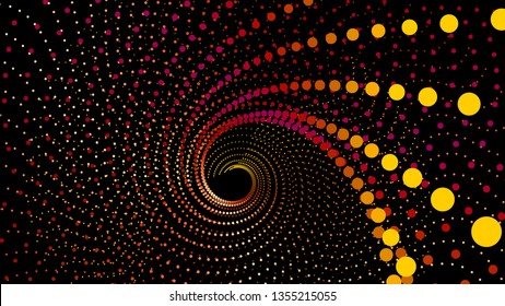 Top view swirl from dots in perspective depth. Array structure of 3d sea. Vector technology background. Colorful infinity space funnel for print or web design.