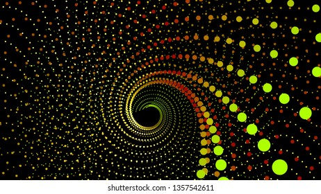 Top view swirl from dots in perspective depth. Array structure of 3d sea. Vector technology background. Colorful infinity space funnel for print or web design.