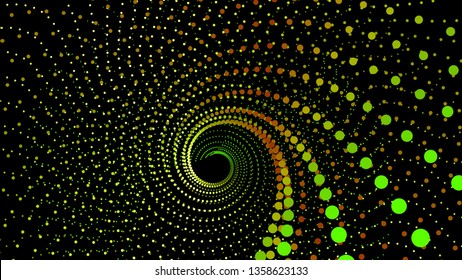 Top view swirl from dots in perspective depth. Array structure of 3d sea. Vector technology background. Colorful infinity space funnel for print or web design.