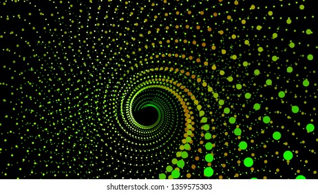 Top view swirl from dots in perspective depth. Array structure of 3d sea. Vector technology background. Colorful infinity space funnel for print or web design.
