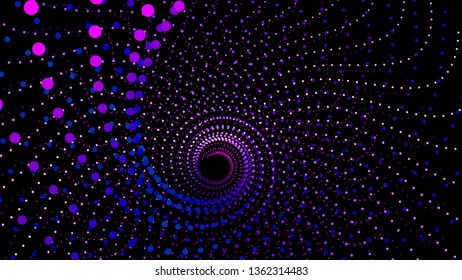 Top view swirl from dots in perspective depth. Array structure of 3d sea. Vector technology background. Colorful infinity space funnel for print or web design.