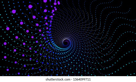 Top view swirl from dots in perspective depth. Array structure of 3d sea. Vector technology background. Colorful infinity space funnel for print or web design.