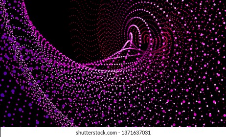 Top view swirl from dots in perspective depth. Array structure of 3d sea. Vector technology background. Colorful infinity space funnel for print or web design.