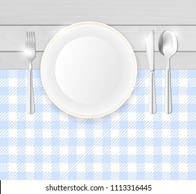 Top view of table with blue table-cloth, porcelain plate and stainless cutlery - copy space for your text. Vector illustration.