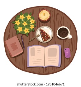 Top view of a table with a book, with a candle, flowers and dessert. Round coffee table with objects reading a book. Cozy workplace concept in flat cartoon vector style. 