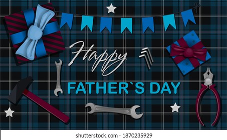 Top view of table with building tools. The inscription is the best dad. Master table with hammer, pliers, key, screwdriver. Greeting card for father s day, international men s day. Brutal bright