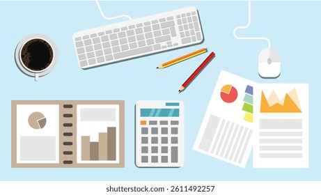 Top View of a Table Top of Business Man or Accountant. Office and white collar work concept vector
