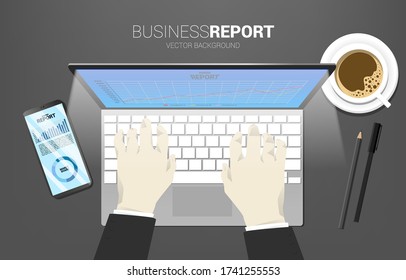 top view table business report in mobile phone, tablet and computer notebook with paper and calculator. Concept for digital business growth and trend report