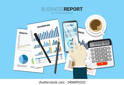 top view table businessman hand touch business graph report in mobile phone with paper and calculator . Concept for digital business growth and trend report