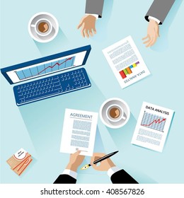 Top view of the table. Businessmen with documents, charts and cup of coffee. Flat vector illustration.