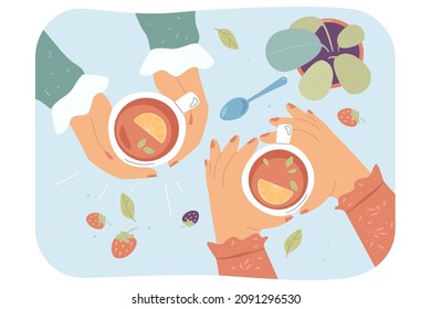 Top View Of Table In Cafe Or Cafeteria With Hands Holding Cups Of Herbal Tea. People Having Morning Drink With Lemon Flat Vector Illustration. Healthy Lifestyle, Friendship, Friendly Support Concept