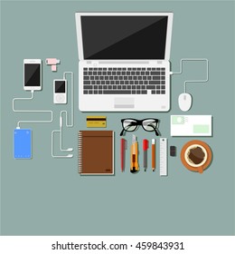 Top view with table, computer and smartphone, stickers,diary and coffee vector.