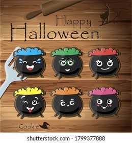 Top view of the table with cookies for Halloween. Vector illustration of a wooden table. Gingerbread witch pots with poison of different colors for the holiday. Cartoon faces with different emotions