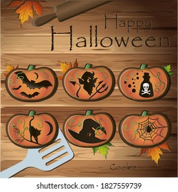 Top view of the table with cookies for Halloween. Vector illustration of a wooden table with autumn leaves and kitchen appliances. Gingerbread in the form of a pumpkin with frightening drawings of a