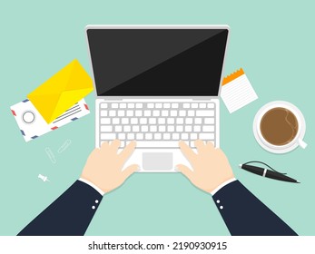 Top View Table Desk Design, Human Hand With Laptop Typing, Blank Screen Laptop With Letter, Coffee, Pen And Clip, Digital Marketing Illustration.