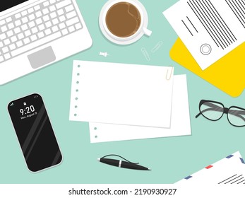 Top view table desk design, Blank paper note for text here writing, Vector illustration.