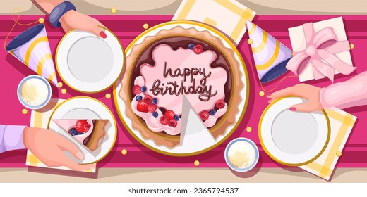 Vista superior de la mesa con postre para la ilustración vectorial de fiesta de feliz cumpleaños. Manos de caricatura de personas sosteniendo platos redondos, amigos tomando rebanada de pastel en una pausa de café de cumpleaños con decoración festiva