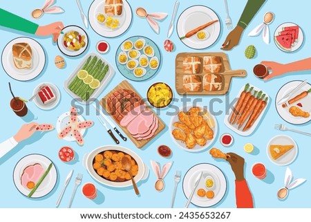 From a top view, the table is filled with traditional Easter foods, including ham, roasted vegetables, and deviled eggs.