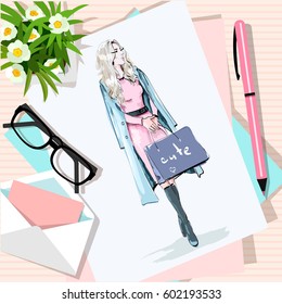 Top view of table with flowers, papers, sketch, pen, envelope. Paper with hand drawn fashion woman with bags. Vector illustration.