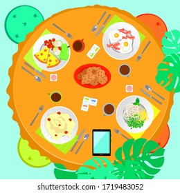 Top view of the table with food. Breakfast at the table. Family dinner. Homemade food. Set Of Traditional Food Icons. Vector illustration. Colored background.