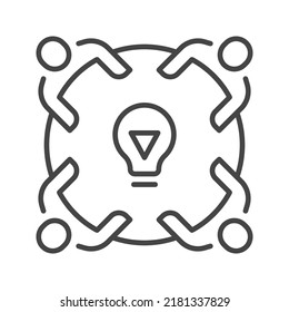 Top view table with group of young people with light bulb symbol. Brainstorming line icon.