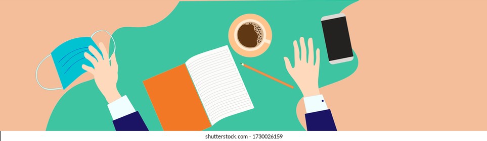 Top view of table with hands, medical mask, coffee, pencil, note and cellphone. Objects. Back to work. Drinking coffee.