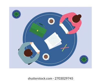 Top view of a table in a meeting room to clients, business strategy. Character design. Vector flat illustration