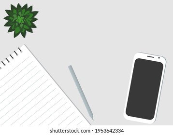 Top view of the table. On the table are a paper notebook, a pencil, a green plant, and a mobile phone. Vector drawing