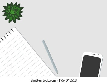 Draufsicht auf den Tisch. Auf dem Tisch liegt ein Papierheft, ein Bleistift, eine grüne Pflanze und ein Handy. Vektorgrafik