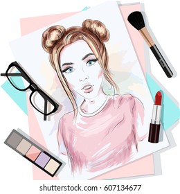 Top view of the table with papers, woman's portrait, brush, lipstick, eyeglasses and eyeshadow. Stylish graphic set. Fashion vector illustration.