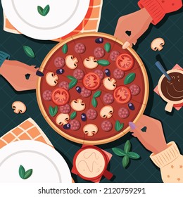 Top view of table with pizza and friends sharing. People taking slices, having a meal, with drinks. Colorful vector illustration. 