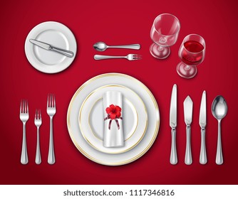 Top view of table place setting for ceremonial dinner on red background with empty plate glasses and cutlery realistic vector illustration 