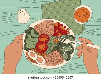 Vista de cima de uma mesa com um prato, uma bebida, um agitador de sal e mãos segurando um garfo. Um prato com comida. Alimentação saudável. Um prato com salmão, verduras, legumes, tomates, ovos, abacate, brócolis. Vetor.