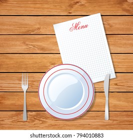 Top view of table setting for dinner, template for design. illustration of plate, knife, fork and clear sheet with copy space and title menu on wooden table surface background. 