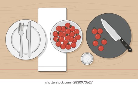 Top view of a table setting features a white plate with cutlery next to a bowl of fresh cherry tomatoes, a knife, and a cutting board on wood.