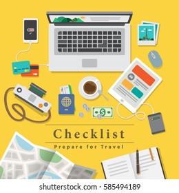 Top view table, theme of travel vacation 