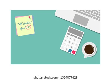 Top view table work space and Laptop with calculator post it USA Tax Day Deadline 15th April 2019 