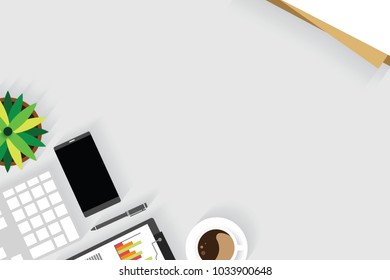Top view of table working and working desk with gadget and free space for text with accessory on the table, note, keyboard, pencil, phone, flowerpot and coffee cup